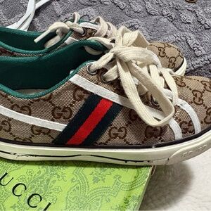 Gucci Brown GG Canvas Sneakers with Red & Green Web Stripe
